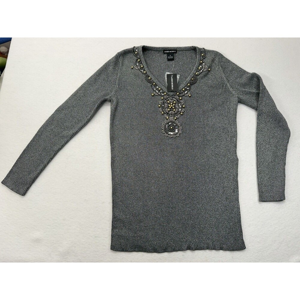 Lauren Michelle Metallic Top Silver and Gold Beads Ribbed Long Sleeve Medium
